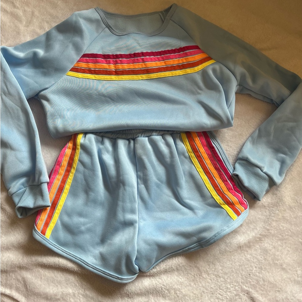 Amazon Blue Sweatshirt & Shorts Set with Rainbow Stripes- Lounge Set